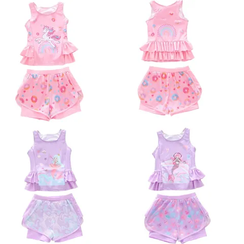 Girls Ruffled Split Swimwear Cartoon Mermaid Unicorn Print Polyester Spandex Beach Bathing Suit Kids Summer Apparel