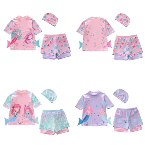 Meisjes Zeemeermin Badmode Ruffle Korte Mouw Top En Dubbellaagse Zwemshorts En Bijpassende Badmuts UV-Bescherming Strandkleding
