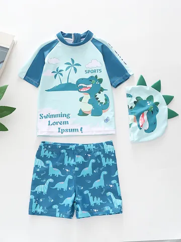 Jungen Badeanzug Set 3-Teilig Cartoon Dinosaurier Monster Druck Kurzarm Rash Guard Mit Badehose Und Hut Kinder Bademode