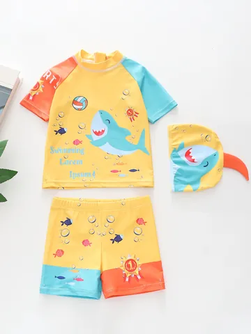 Kinder Jungen Cartoon Giraffe Hai Druck Zweiteiler Badeanzug Rashguard Top Badeshorts Und Schwimmkappe Schnelltrocknend