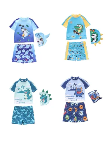 Jungen Badeanzug Set 3-Teilig Cartoon Dinosaurier Monster Druck Kurzarm Rash Guard Mit Badehose Und Hut Kinder Bademode