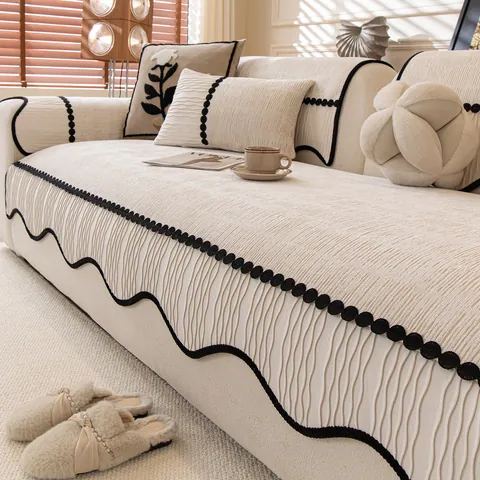 Cojín de Sofá de Chenilla Retro Funda Antideslizante Con Borde Ondulado Irregular Textura 3D Protector de Muebles para Sala