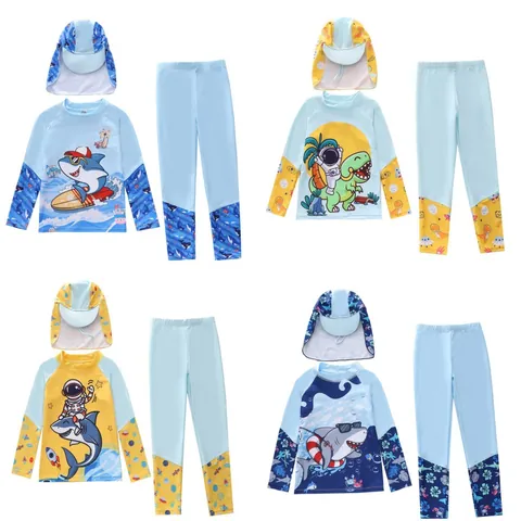 Jungen Rash Guard Badeanzug Langarm Oberteil Lange Hose Hut Cartoon Hai Astronaut Sonnenschutz Schwimmbekleidung Kinder Strand Surfen Sportanzug