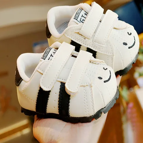 Scarpe Primi Passi Neonato Bambino Faccina Sorridente Suola Morbida Antiscivolo Sneakers in Pelle Sintetica Chiusura a Strappo