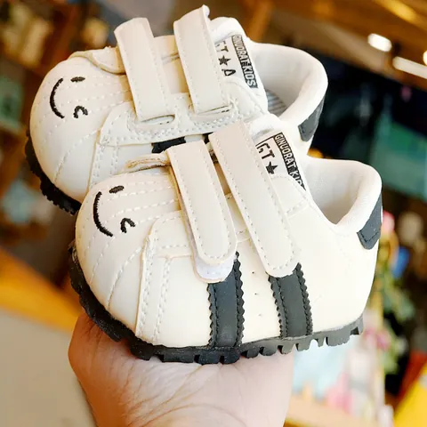 Scarpe Primi Passi Neonato Bambino Faccina Sorridente Suola Morbida Antiscivolo Sneakers in Pelle Sintetica Chiusura a Strappo