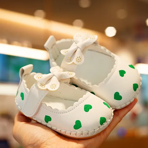Infant Baby Girls Soft Sole Walking Shoes Heart Pattern Bow Mary Jane Princess First Walker Shoes Anti-slip Synthetic Leather