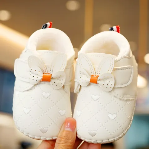 Baby Girl Winter Warm Plush Lined Prewalker Shoes Synthetic Leather Soft PVC Sole Bunny Ear Heart Quilted Toddler First Walker Boots