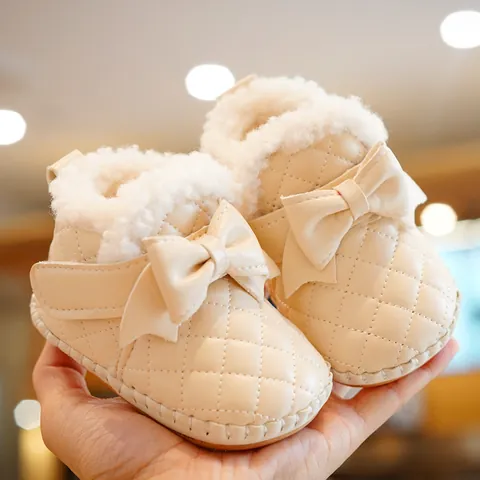 Baby Girl Winter Warm First Walker Shoes With Bowknot Faux Fur Lining Soft Sole Non Slip Quilted Synthetic Leather Toddler Boots