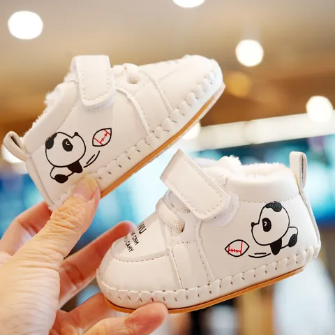 Winter Baby First Walkers Warm Fleece Synthetic Leather Cartoon Panda Soft Sole Anti Slip Infant First Shoes For Toddlers