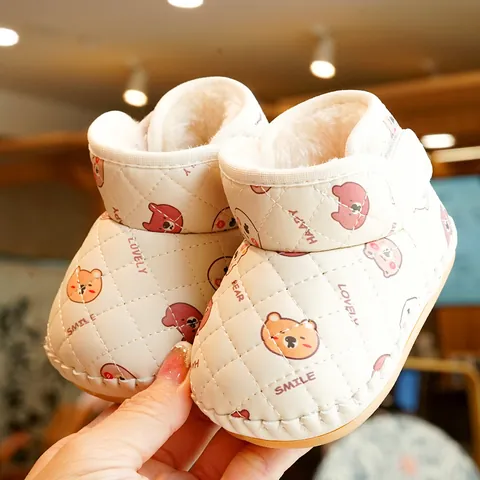 Infant Winter Boots Synthetic Leather Faux Fur Lined Quilted Cartoon Bear Hook And Loop Non Slip Warm Baby Prewalker Shoes