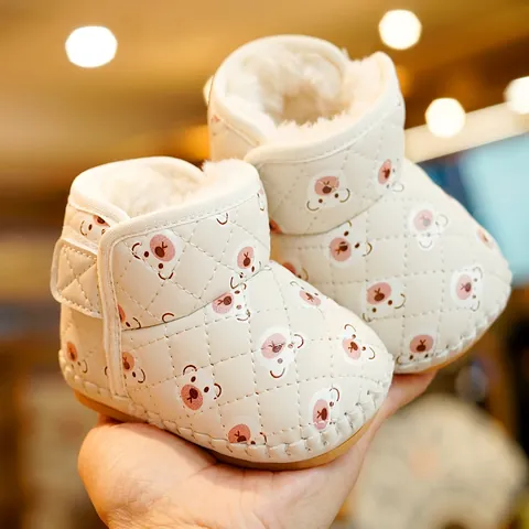 Baby Winter Snow Boots Quilted Bear Print Thick Plush Lined Anti-slip Soft Sole Velcro Infant Toddler Warm Walker Shoes