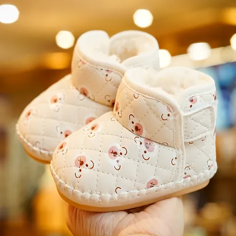 Baby Winter Snow Boots Quilted Bear Print Thick Plush Lined Anti-slip Soft Sole Velcro Infant Toddler Warm Walker Shoes