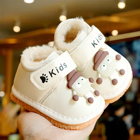 Toddler Baby Winter Warm Fleece Lined Boots Boys Girls Cartoon Design Non-Slip Soft Sole Whistle Shoes Magic Tape Closure