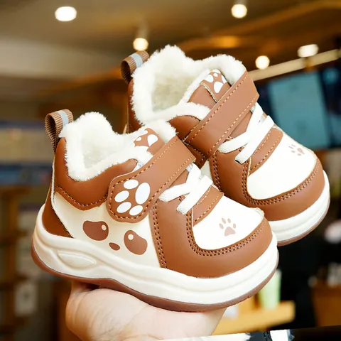 Toddler Winter Fleece Lined Walking Shoes Cartoon Panda Pattern Warm Non-Slip Soft Sole Baby Shoes For 1-2 Years Old Kids