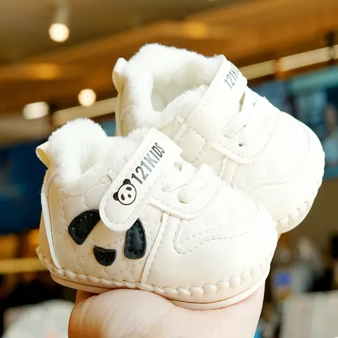 Baby Infant Winter Warm Fleece Prewalker Shoes Cute Panda Design Quilted Faux Leather Soft Sole Non-Slip Toddler Walking Shoes
