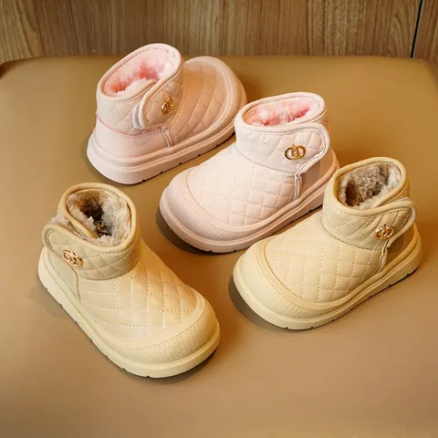 Toddler Kids Winter Snow Boots Faux Leather Quilted Diamond Pattern Fur Lined Warm Anti Slip Shoes With Velcro Closure