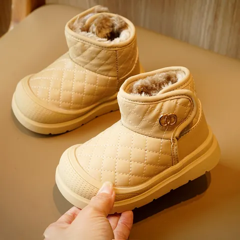 Toddler Kids Winter Snow Boots Faux Leather Quilted Diamond Pattern Fur Lined Warm Anti Slip Shoes With Velcro Closure