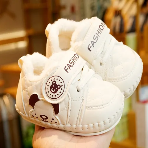 Baby Winter Toddler Shoes Faux Leather Fleece Lined Warm Anti Slip Soft Sole First Walkers Cartoon Bear Velcro Infant Boots