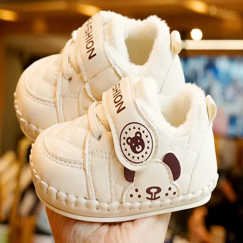 Baby Winter Toddler Shoes Faux Leather Fleece Lined Warm Anti Slip Soft Sole First Walkers Cartoon Bear Velcro Infant Boots