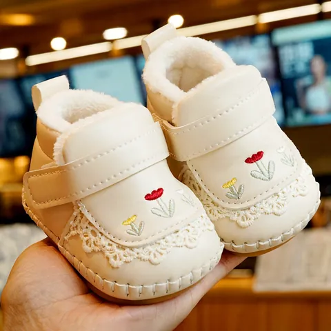 Infant Baby Girl Winter Shoes Thick Fleece Lined Warm First Walkers Soft Sole Floral Embroidery Lace Princess Prewalker Shoes