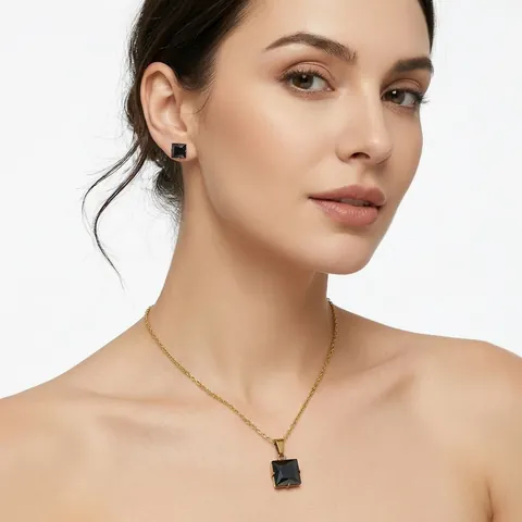 Juego de Joyas de Acero de Titanio Minimalista Colgante Cuadrado de Circonia Collar Pendientes Joyería Mujer
