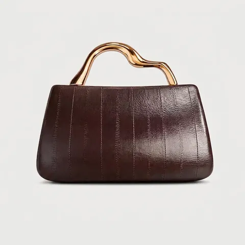 Women Evening Bag PU Leather Golden Wave Metal Handle Vertical Grain Chic Elegant Crossbody Handbag