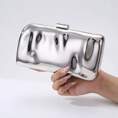 Pochette Da Sera Specchio Metallico Texture Ondulata Rigida Borsa A Tracolla Con Catena Rimovibile