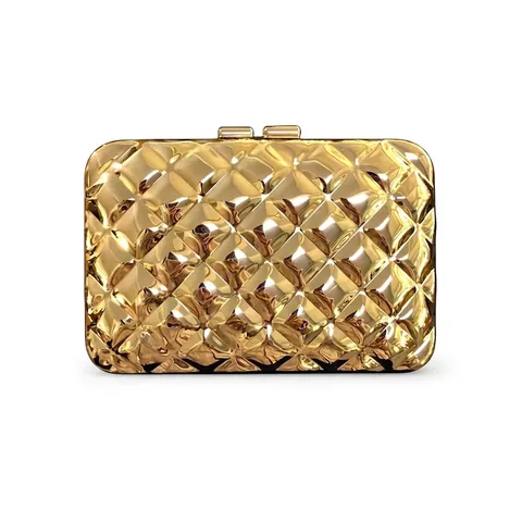 Gold Metal Hard Shell Evening Clutch Bag Rhombus Quilted Texture With Chain Strap For Wedding Party Formal Event Women