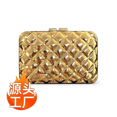 Pochette De Soirée Rigide En Métal Doré Avec Texture Losange Matelassée Et Bandoulière Chaîne Pour Mariage Fête Femme