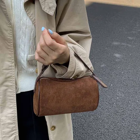 Vintage Damen Zylindertasche Mattiertes PU Wildleder Schulter Umhängetasche Nischen Minimalistische Unterarmtasche Für Den Alltag