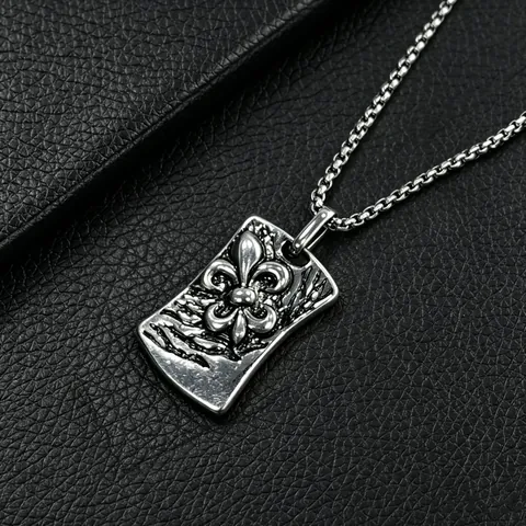 Vintage Edelstahl Fleur-de-lis Anhänger Halskette Für Herren Damen Retro Gothic Punk Relief Quadratisches Tag Box Kette