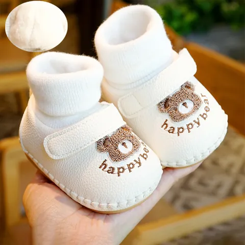Scarpe da Neonato Invernali Calde in Pile Spessorate Suola Morbida Ricamo Orso Cartone Animato Chiusura a Strappo Primi Passi
