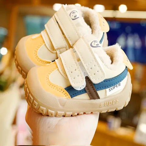 Toddler Baby Winter Warm Fleece Lined Shoes Soft Sole Non-Slip Cartoon Panda Velcro Synthetic Leather First Walker Sneaker