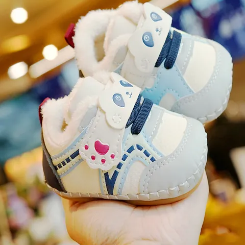 Baby First Walkers Winter Warm Shoes Soft Sole Anti-Slip Faux Leather Faux Lamb Wool Lining Toddler Shoes Cartoon Panda Velcro Closure Boys Girls