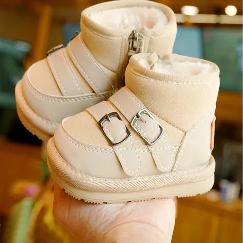 Toddler Baby Snow Boots Winter Warm Fleece Lined Faux Leather Shoes Anti Slip Side Zipper Mid Top Boots For Infants