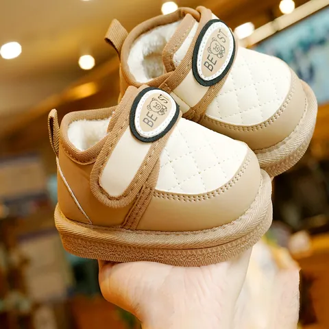Infant Baby Winter Snow Boots Faux Fleece Lined Warm Non-Slip First Walker Shoes For Toddlers Quilted Design With Bear Motif