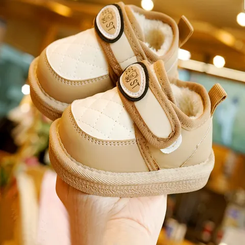 Infant Baby Winter Snow Boots Faux Fleece Lined Warm Non-Slip First Walker Shoes For Toddlers Quilted Design With Bear Motif