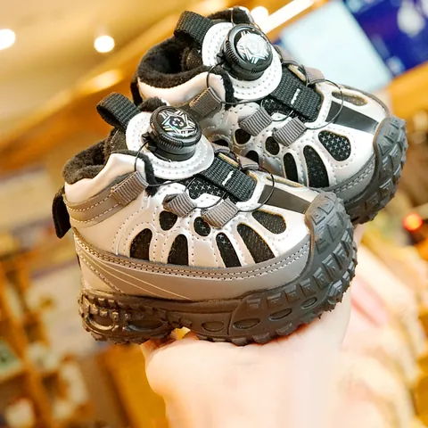 Toddler Kids Winter Warm Sneakers With Rotary Buckle Plush Lined Soft Sole Non-Slip Walking Shoes For Boys Girls