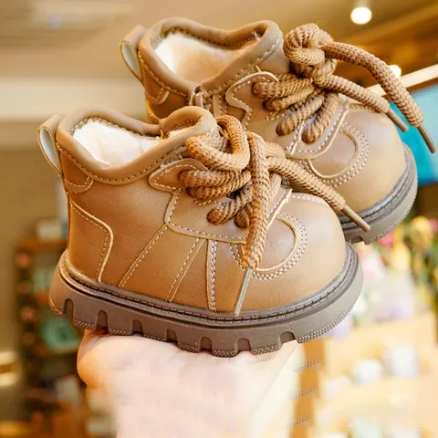 Toddler Walking Shoes Winter Warm Fleece Lined Synthetic Leather Boots Non-slip Soft Sole Retro Work Boot For Infant Boys Girls