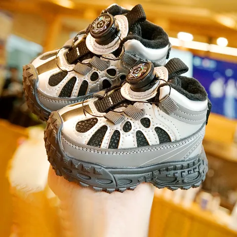 Toddler Kids Winter Warm Sneakers With Rotary Buckle Plush Lined Soft Sole Non-Slip Walking Shoes For Boys Girls