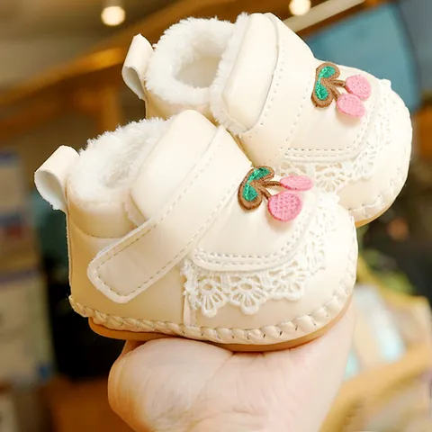 Baby Girls Winter Fleece Lined First Walker Shoes Soft Sole Non-Slip Warm Cherry Embroidery Lace Princess Infant Shoes