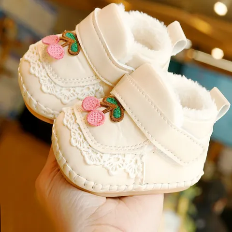 Baby Girls Winter Fleece Lined First Walker Shoes Soft Sole Non-Slip Warm Cherry Embroidery Lace Princess Infant Shoes