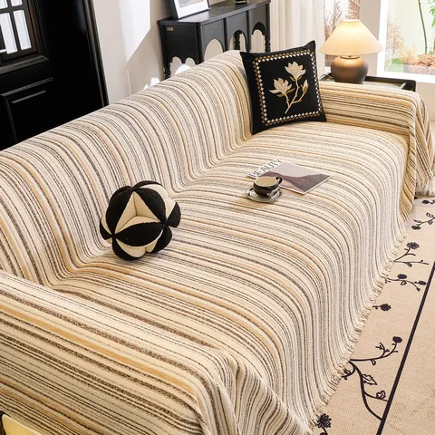 Modern Striped Polyester Sofa Cover Throw With Tassels Soft Decorative Furniture Protector Blanket For Living Room Home Decor All Seasons