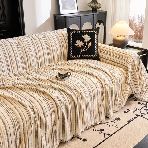 Modern Striped Polyester Sofa Cover Throw With Tassels Soft Decorative Furniture Protector Blanket For Living Room Home Decor All Seasons