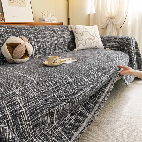 Modern Ruitjes Bankhoes Met Kwastjes Universele Dikke Geweven Bankhanddoek Eendelige Anti Kattenkrab Couch Beschermer Thuis Decor