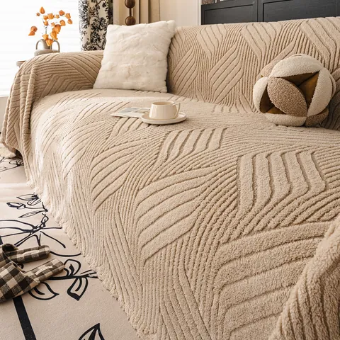 Comfort Velvet Sofa Cover Thickened Warm Plush Sofa Blanket With Geometric Arc Shadow Pattern For Living Room Home Decor