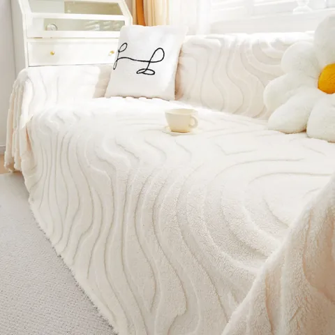 Copridivano in Velluto di Flanella Ispessito Stile Crema Asciugamano Antiscivolo Con Texture a Onde 3D Morbida Coperta