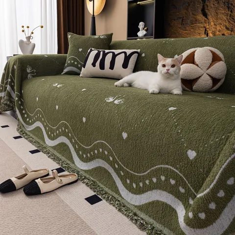 Fresh Style Half Velvet Sofa Towel Thick Jacquard Sofa Cover With Tassels Heart Wave Pattern Soft Couch Blanket For Home