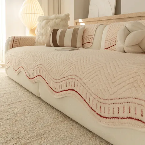 Cojín de Sofá Antideslizante Con Bordes Festoneados Terciopelo de Algodón Acolchado Protector de Sofá Estilo Crema Decoración del Hogar