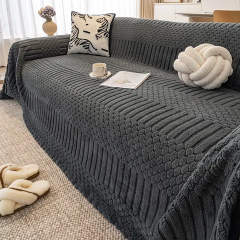 Italian Style Thick Shu Mian Velvet Sofa Towel 3D Jacquard Non Slip Solid Color Furniture Protector Blanket For Living Room